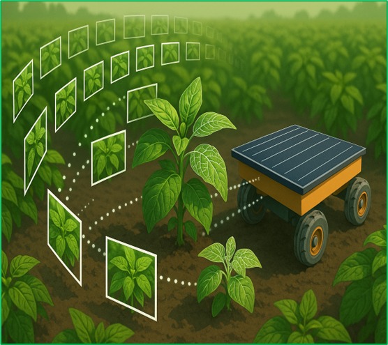 Robot arm probing soil measurements in crop field
