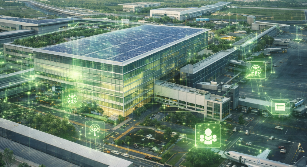 Green plants with IoT sensors in a modern building atrium, soft natural light filtering through leaves